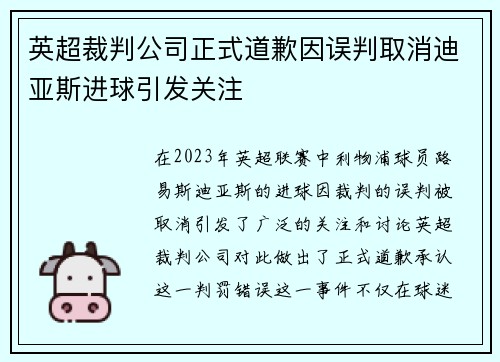英超裁判公司正式道歉因误判取消迪亚斯进球引发关注